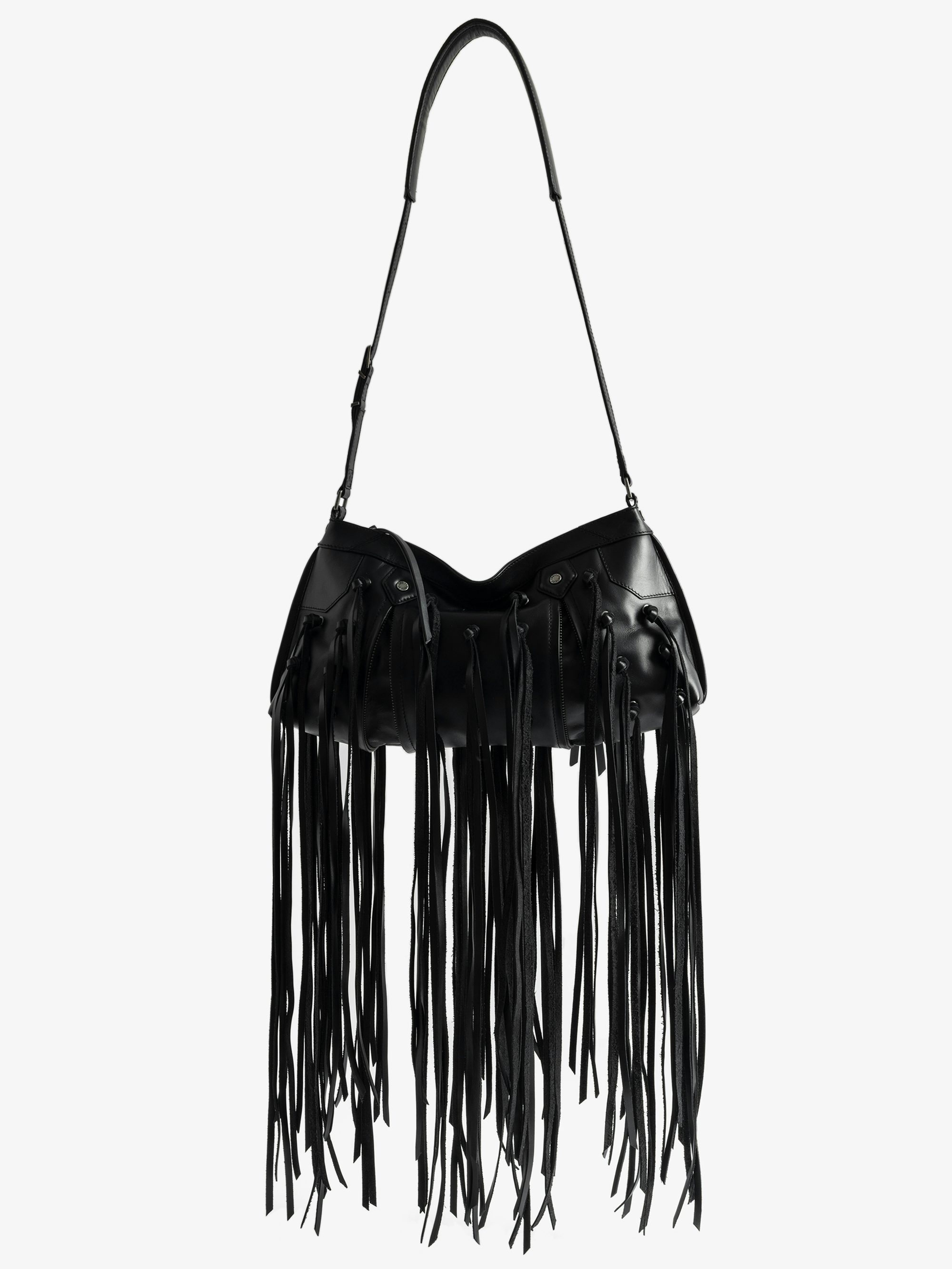 Sunny Moody Fringes Bag - A rebellion in motion. The Sunny Moody Fringes bag is reimagined with EGONlab’s signature edge—crafted in smooth black leather and slashed with dramatic fringe that moves with attitude. Western soul meets underground spirit in this bold, sculptural piece. Wear it slung over the shoulder or crossbody—just don’t expect to go unnoticed.